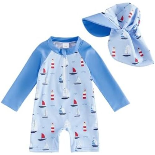 Toddler Baby Boy Girls One Piece Swimsuit Long Sleeve Zipper Bathing Suit with Hat Infant Rash Guard Swimwear