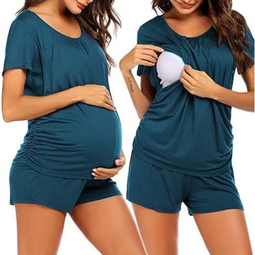 Ekouaer Women's Maternity Nursing Pajamas Set Breastfeeding Sleepwear Double Layer Short Sleeve Top & Shorts Pregnancy PJS