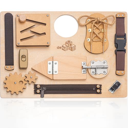 Montessori Busy Board for Toddlers, Premium Wooden Toddler Busy Board for 1 2 3 Year Old with 10 Educational Activities for Fine Motor Skills, Sensory Activity Toy for Travel, Gift for Boys & Girls