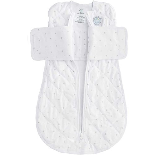 Dreamland Baby Weighted Sleep Swaddle 0-6 Months | Gently Weighted Swaddles | 100% Natural Cotton | 2-Way Zipper | Machine Washable and Dryable | White with Gray Star - White/Grey Stars