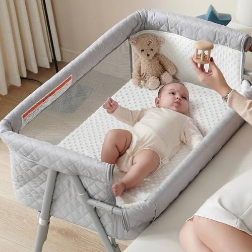 AirClub Bassinet Bedside Sleeper, Baby Crib for Newborn, Baby Bassinets Bedside Sleeper with 4 Auto-Lock & Adjustable Height, Breathable Mesh & Mattress, Bedside Bassinet