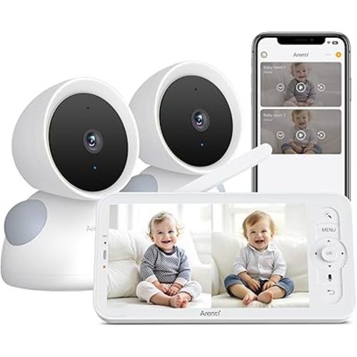 ARENTI 3MP Baby Monitor with 2 Cameras, 5-inch Split Screen Display, WiFi 6 Smartphone App, Night Vision, Cry Detection, Temp & Humidity Sensor, 2-Way Audio (D3 Set)
