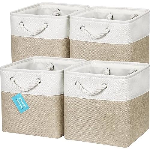 OrganiHaus Storage Cubes 11x11x11 Set of 4, Cube Organizer Bins for Nursery Decor, Fabric Cube Baskets for Shelves, Foldable Storage Cubes for Kallax Organizer Cube Bins w Rope Handles Beige/White