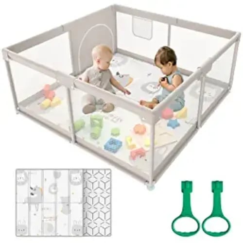 ZEEBABA Baby Playpen with Mat, 47x47inch Playpen, Playpen for Babies and Toddlers, Small Baby Play Pens, Large Playpen for Toddler, Play Yard for Infants with 47" Play Mat, Playard with Gate - 47*47inch Grey with mat