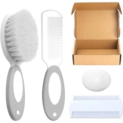 Baby Hair Brush and Comb Set, 4Pcs Baby Soft Bristles Brush Cradle Cap Brush Hair Comb for Newborns Toddlers Boys Girls (Grey)