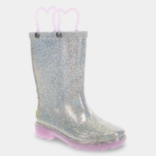 Western Chief Toddler Abby Glitter Boots - Silver 10T: Waterproof Mid Calf Rain Boots, Light Up Detail