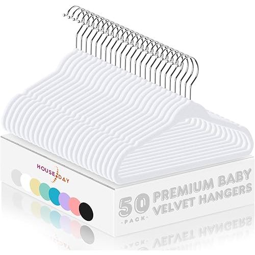 HOUSE DAY Velvet Baby Hangers 50 Pack, Premium Children's Hangers for Baby, Infant & Toddler Clothes, Durable Non Slip Baby Felt Hangers White, 11 Inch Baby Hangers for Closet, Ideal for Everyday Use