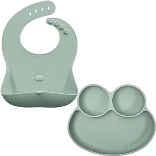 Amazon.com: Abiie Octopod Frog Silicone Plates with Suction and Ruby Wrapp Silicone Bibs with Front Pocket - for Baby and Toddler Training and Feeding - Easy to Clean - BPA, Lead, and Phthalates Free - Sage Green : Baby