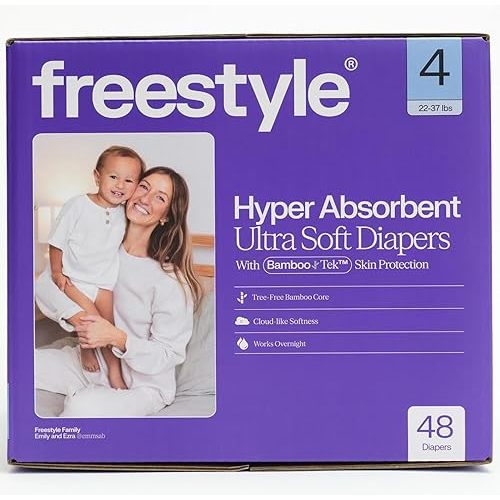 Freestyle BambooTek Diapers – (Size 4) Hyper Absorbent & Non-Toxic – Disposable Diapers for Sensitive Skin – Ultra Soft Diaper's (22-37 lbs) – 48 Count