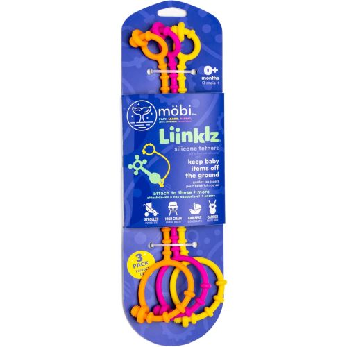 Mobi Liinklz Silicone Tethers - Flexible & Soft Toy Straps for Baby, Stroller Toy Safety Straps & Easy to Connect Baby Toy Holder - for Infants 0+ Months, Vibrant Colors (Pack of 3)