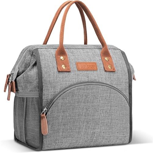 LOKASS Lunch Bag Women Insulated Lunch Box Wide-Open Lunch Tote Bag Large Drinks Holder Durable Nylon Thermal Snacks Organizer for Men Adults Work Picnic Hiking Beach Fishing,Grey