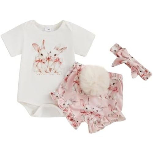 YINGISFITM My First Easter Baby Girl Outfit Short Sleeve Bunny Onesie Romper Pompom Shorts Newborn Easter Clothes+Headband
