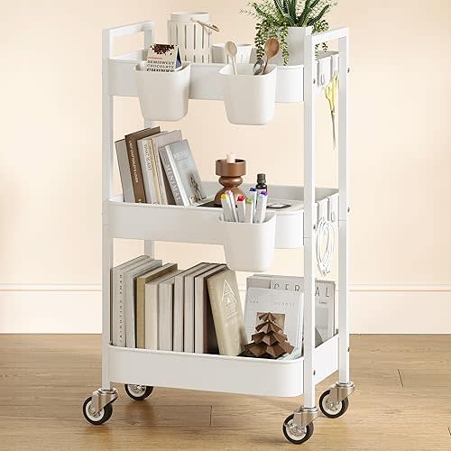 3 Tier Rolling Cart,Utility Cart with Locking Wheels, Hanging Cups,&Hooks, Heavy Duty Metal Storage Organizer Cart for Kitchen,Office, Bathroom,Craft Room,White