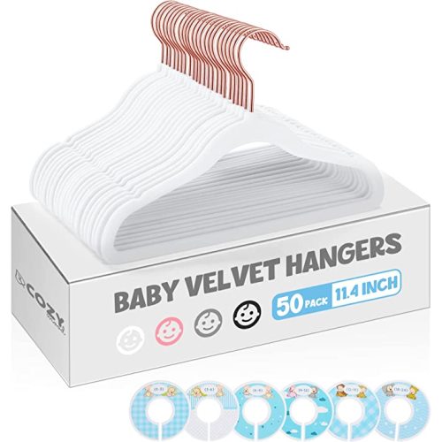 COZYMOOD Velvet Baby Hangers for Closet 50 Pack, Non-Slip Baby Clothes Hangers with 6 Pcs Cute Closet Dividers, Ultra-Thin Small Hangers for Kids Clothes Space Saving Infant & Toddler Hangers, White