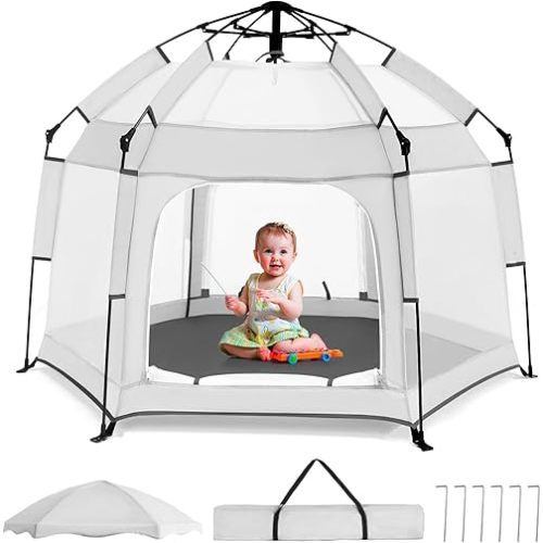 Baby Playpen with Canopy, Portable Baby Beach Tent, Toddler Play Yard Indoor and Outdoor, Foldable Mosquito Net for Infant - Light Grey