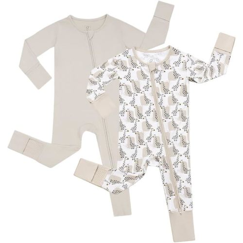 JunNeng 2Pcs Baby Rayon from Bamboo Sleeper with Mitten Cuffs, Footless Zipper Cozy Pjs, Non-Slip Soles Romper