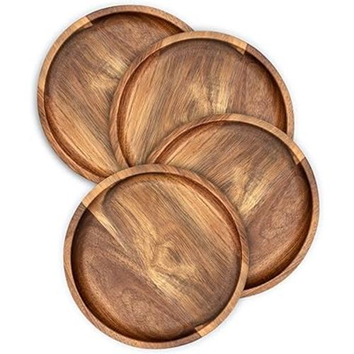 Wooden Plates Round Dinner Plates 6 Inch Acacia Wood Serving Tray Wooden Serving Platters for Home Decor, Food, Vegetables, Fruit, Charcuterie, Appetizer Serving Tray (Set of 4 Wooden Charger)