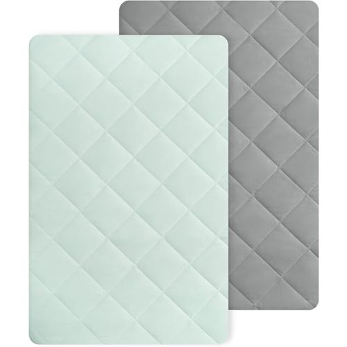 TILLYOU Pack n Play Sheets - 2 Pack Thick Crib Sheets, Soft Quilted Sheets with 1''-3'' Deep Pocket, Breathable Fluffy Crib Mattress Pad, 39"x27", Sage Green & Charcoal Gray