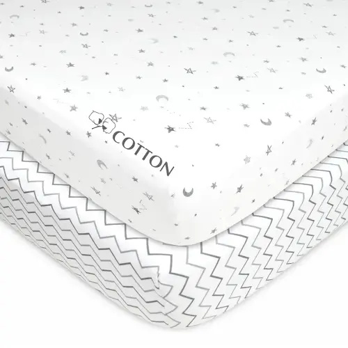 American Baby Company 2 Piece Printed 100% Cotton Jersey Knit Fitted Crib Sheet, Grey Stars and Zig Zag