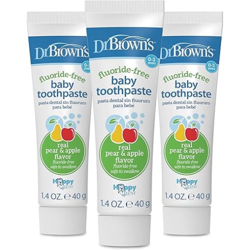Dr. Brown's Fluoride-Free Baby Toothpaste, Infant & Toddler Oral Care, Strawberry, 3-Pack, 1.4oz/40g, 0-3 years