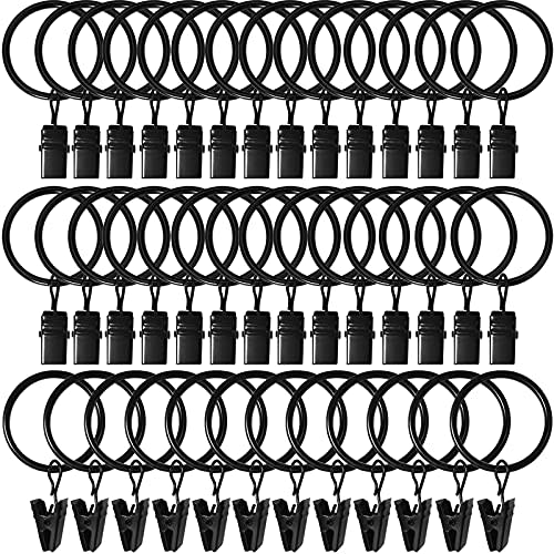 LLPJS 40 Pack Curtain Rings with Clips, Curtain Clip Rings Hooks, Bow Hanger Clips for Hanging Drapery Drapes Bows, Ring 1.26 inch Interior Diameter, Fits up to 1" Rod, Black