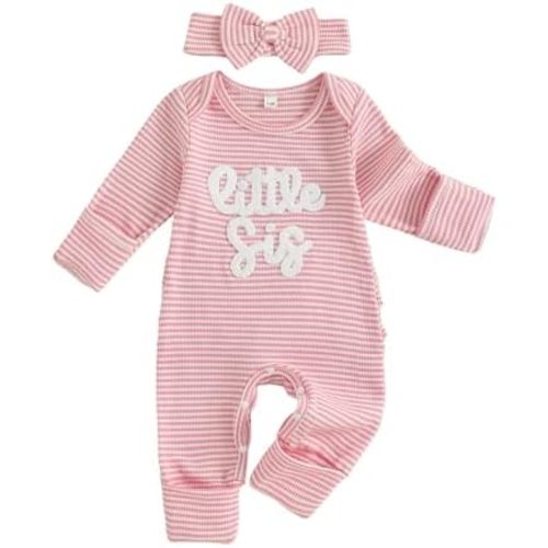 Tsnbre Baby Girl Clothes Fall Little Sister Newborn Outfit Striped Ribbed Knit Romper Long Sleeve Jumpsuit with Headband