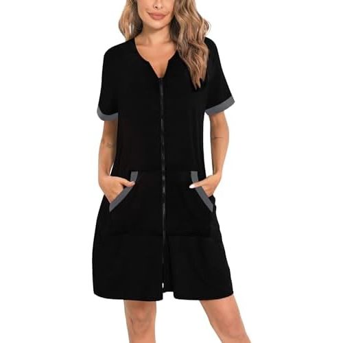 SWOMOG Women Zipper Up Robe Short Sleeves Nightgown Zip Front Housecoat Soft Bathrobe with Pockets