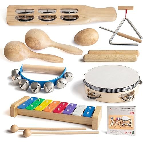 MUSICUBE Musical Instrument Set for Toddler Baby Kid Wooden Percussion Instrument Musical Toys Xylophone Maracas Egg Shaker Tambourine Triangle Instrument for Boys Girls