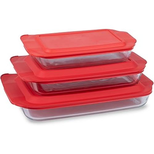 Pyrex Basics 3-Pack Glass Baking Dish Set (2QT, 3QT, 4.8QT) With BPA-Free Lids, Rectangular Glass Bakeware, Dishwasher, Microwave, Freezer & Pre-Heated Oven Safe