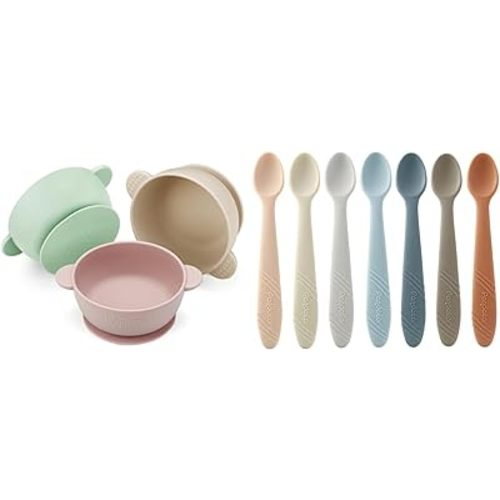 PandaEar 3 Pack Baby Bowls & 7 Pack Silicone Baby Feeding Spoons