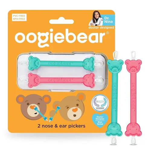 oogiebear Baby Nose Cleaner & Ear Wax Removal Tool - Safe Booger & Earwax Removal for Newborns, Infants, Toddlers - Dual-Ended - Essential Baby Stuff, Diaper Bag, Raspberry & Seafoam with case