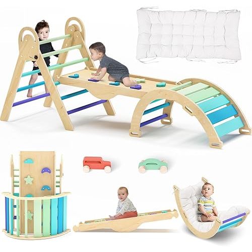 Pikler Triangle Set with Cushion, Montessori Climbing Set, Indoor Climb Toys, Indoor Playground Jungle Gyms, 9 Combinations Climbing Toy Set for Toddler, Baby, Kids 1-4