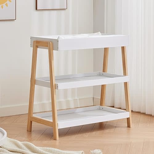 Baby Changing Table, Diaper Changing Table with Changing Pad, Portable Baby Diaper Changing Station with 2 Tier Storage Shelves for Newborn Baby and Infant, White