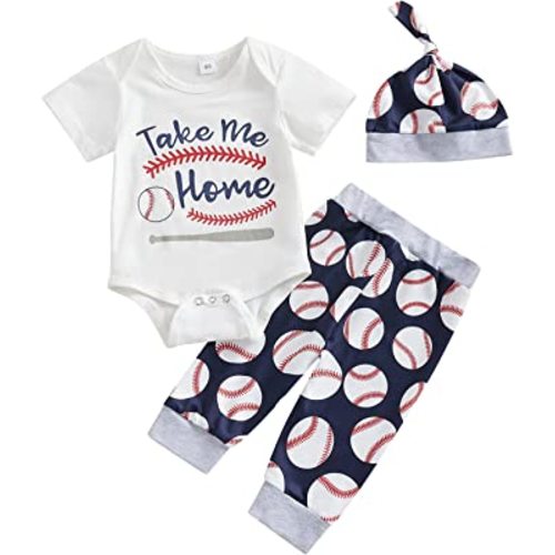 Newborn Baby Boy Baseball Outfit New Player in Town Romper Baseball Jogger Pants 3Pcs Coming Home Outfit