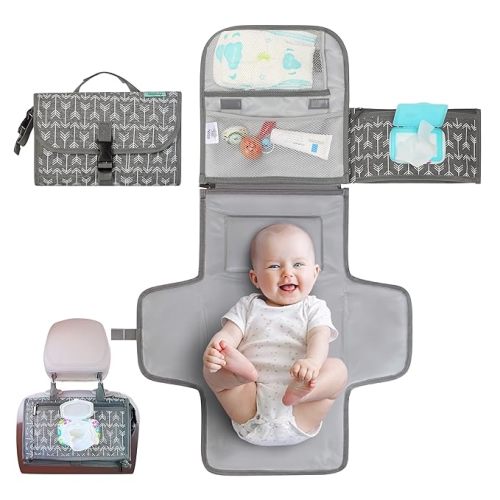 Portable Diaper Changing Pad, Portable Changing pad for Newborn Girl & Boy - Baby Changing Pad with Smart Wipes Pocket – Waterproof Travel Changing Kit - Baby Gift by Kopi Baby - Grey Arrow - Gray Arrows - Classic