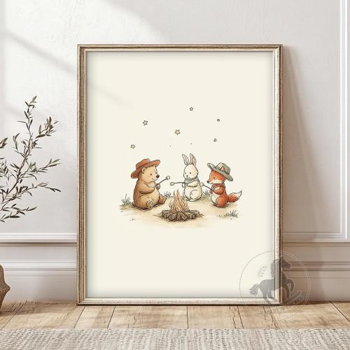 Campfire Friends Nursery Print: Woodland Animals, Cozy Decor (Digital Download