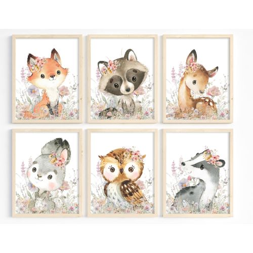 Set of 6, Girl Nursery Decor, Woodland Animals, Girl Room Decor, Woodland Theme, Baby Animals, Wildflower Nursery, Forest Animals, Digital