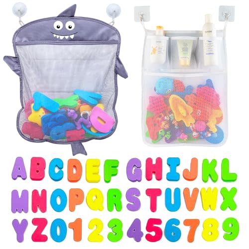 Comfylife Baby Bath Toy Organizer - Shark +36 Bath Letters & Numbers +Extra Bath Toy Storage Net & 10 Strong Hooks, Great Bath Net for Kids, Cute Bathtub Toy Organizer and Bath/Shower Caddy Solution