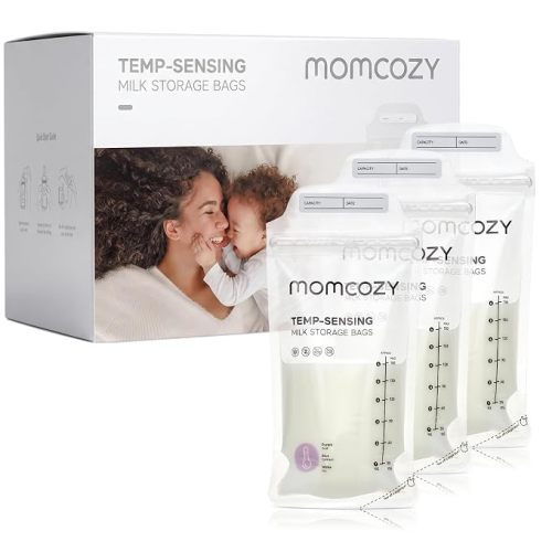 Momcozy Breastmilk Storing Bags, Temp-Sensing Discoloration Milk Storing Bags for Breastfeeding, Disposable Milk Storage Bag with 6 Ounce Self Standing, No-Leak Milk Freezer Storage Pouches, 50pcs