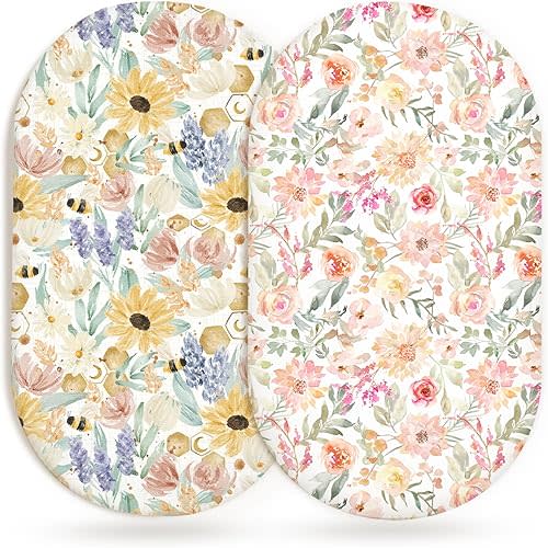 Bassinet Sheets for Baby Girls Boys 2 Pack, Fitted Baby Mattress Sheet for Rectangle, Oval, Hourglass Bassinet Mattress, Breathable Cozy & Universal Fit (Golden Meadow)