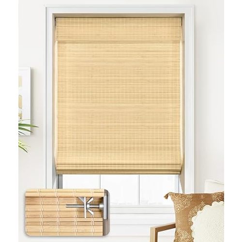 LazBlinds No Tools No Drill Cordless Bamboo Roman Shades, Privacy Room Darkening Window Treatment, Roll Up Bamboo Blinds for Window 26'' W x 64'' H, DP-Natural