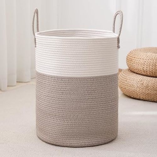 Laundry Basket Hamper Tall Rope Storage Woven for Blanket Toys Dirty Clothes in Living Room Bathroom Bedroom White & Brown 60L/15.8Gal