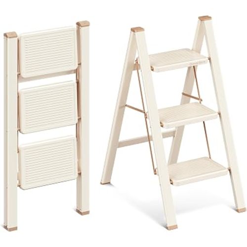 3 Step Ladder, 3 Step Stool for Adults, Folding Step Ladder with Secure Footing, Widened Pedal, Aesthetically Pleasing Looking, Blends Right into Domestic Rooms, Cream Chocolate