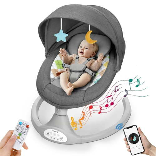 Electric Baby Swing, Bioby Infant Swing Chair Rocker with Remote Control, 5 Swing Speeds, Seat Belt, Bluetooth Music, Grey