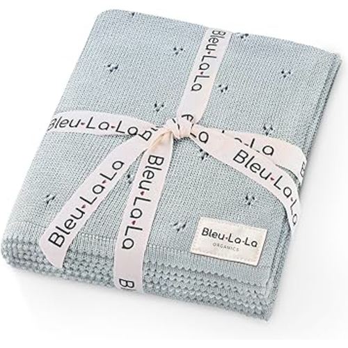 Bleu La La Organic Pointelle Receiving Swaddle Blanket for Boys - 100% Luxury Organic Soft Cotton Knit Warm Cozy Cuddle Stroller Crib Blanket for Newborns, Infants, & Toddlers (Powder Blue)