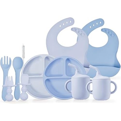 10 Pcs Baby Led Weaning Supplies Silicone Baby Feeding Set - 2 Pack Silicone Divided Suction Plate and 2 Pack Tiny Cup with 2 Set Toddler Spoons & Forks,2 Bibs,Baby feeding essentials(Blue)