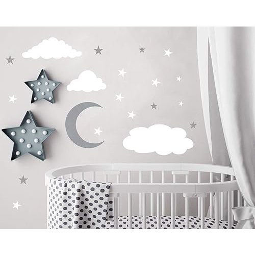 Clouds Wall Decals Moon and Stars Wall Decal Kids Wall Stickers Peel and Stick Removable Baby Room Decoration Good Night Nursery Wall Decor