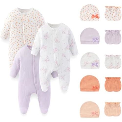 Fashion Baby Boy Girl Clothing Set Cotton Soft 3-Piece Long Sleeve Button Rompers 5-Pack Hats&Gloves Infant Clothes