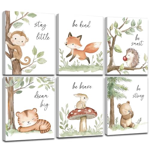 Framed Woodland Nursery Wall Art, Forest Animal Pictures Nursery Wall Decor, Safari Theme Wall Decor for Baby Kids Boy Girl Room (Framed, 8x10inch, Set of 6)