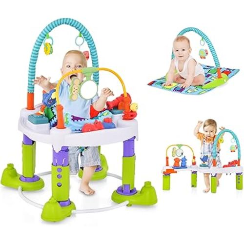 HONEY JOY Baby Bouncer Activity Center, 4 in 1 Toddler Bouncing Activity Saucer & Playtime Mat & Activity Table, Toy Rack, 3 Adjustable Heights, Foldable Activity Center for Infant Boys Girls